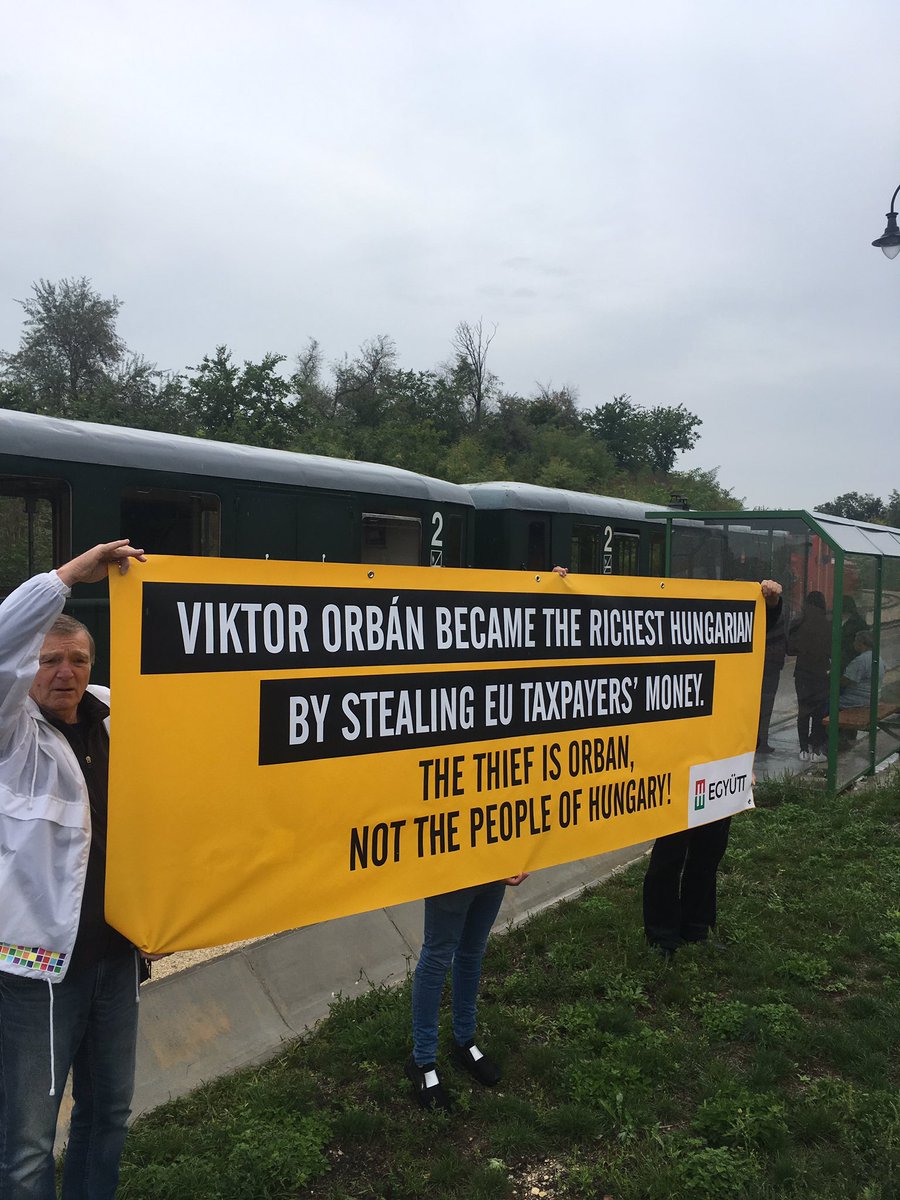 Együtt's protest at the Felcsút local train - the symbol of poorly used EU funds in Hungary.   