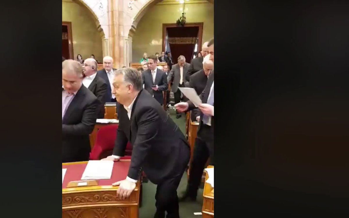 As the National Assembly of Hungary descends into chaos, opposition MP Bence Tordai rolls up on PM Orban and trolls him to his face. This is unprecedented. Orban is visibly uncomfortable. He was not counting on this. 