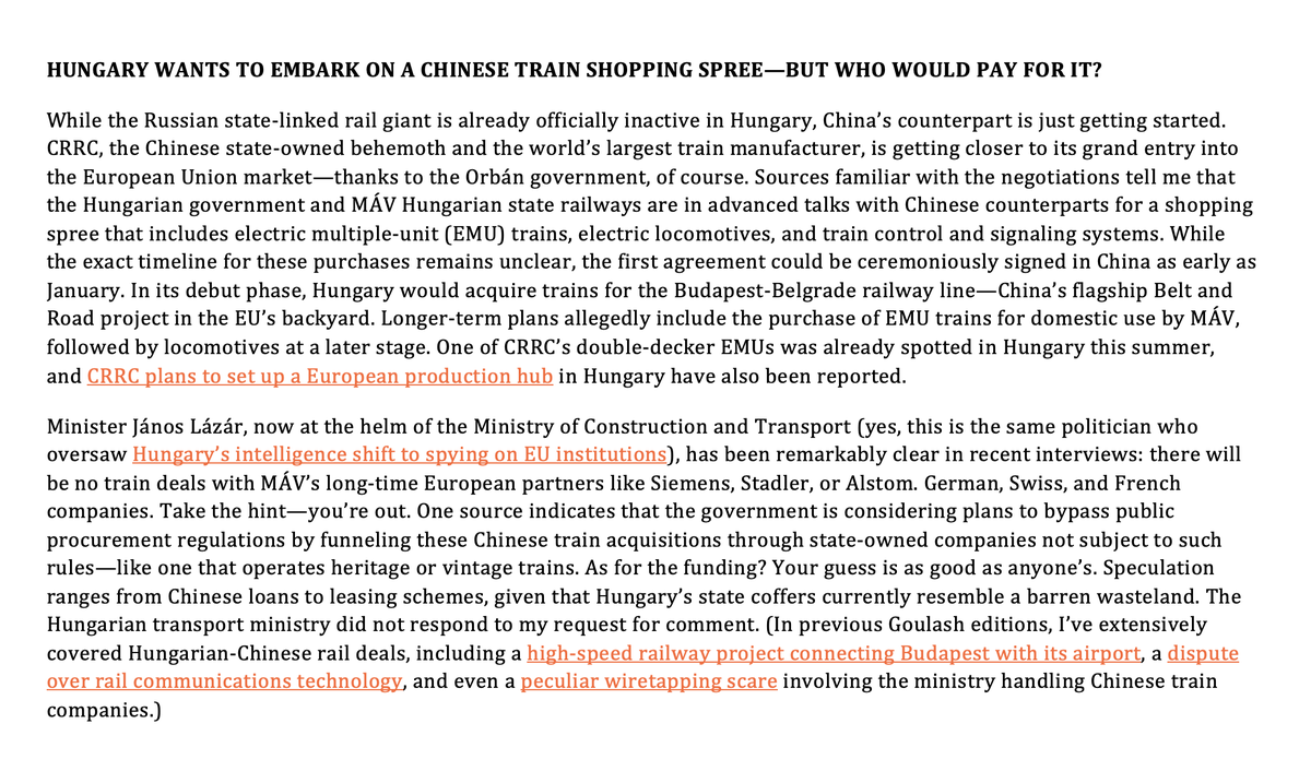 De Hongaarse regering is in vergevorderde gesprekken met de Chinese spoorweggigant CRRC om op grote schaal treinen, locomotieven en signaleringssystemen aan te schaffen, terwijl de samenwerking met Europese bedrijven als Siemens, Stadler en Alstom wordt beëindigd