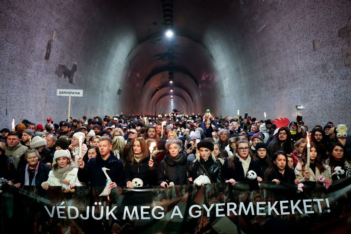 Tens of thousands are marching from downtown Budapest across the Chain Bridge and tunnel up to Buda Castle, where Viktor Orbán’s office is. Opposition leader Péter Magyar called the march to protest child abuse by Hungarian authorities—and the government’s inaction